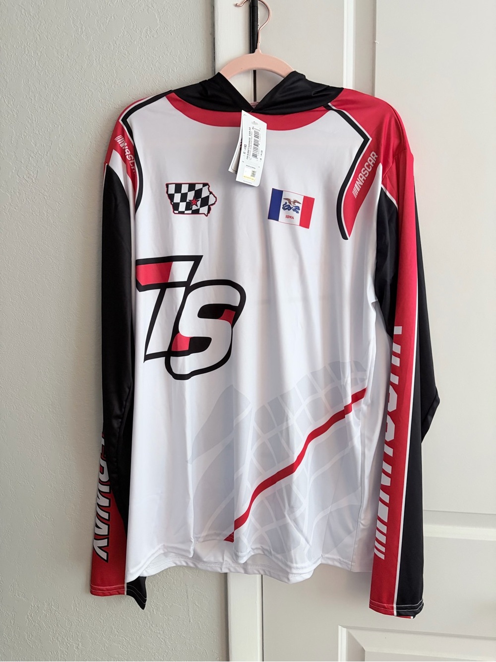 Nascar Men’s Hooded Racing Shirt - White, Red & Black